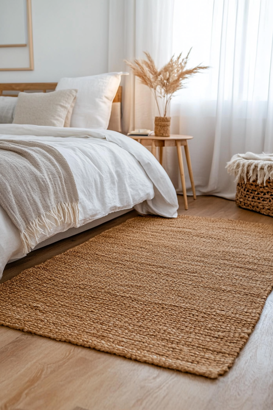 Natural fiber jute rug in a boho farmhouse bedroom