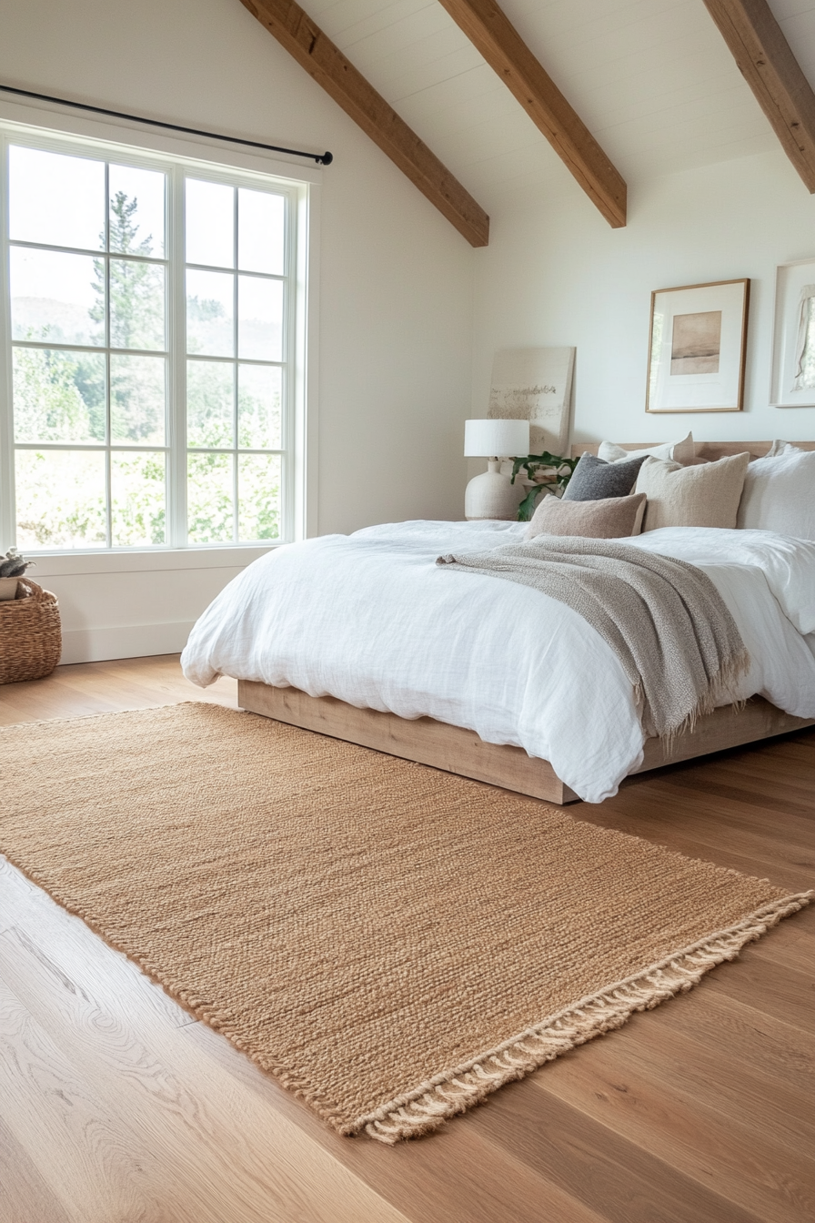 Close-up of natural fiber jute rug with wooden furniture