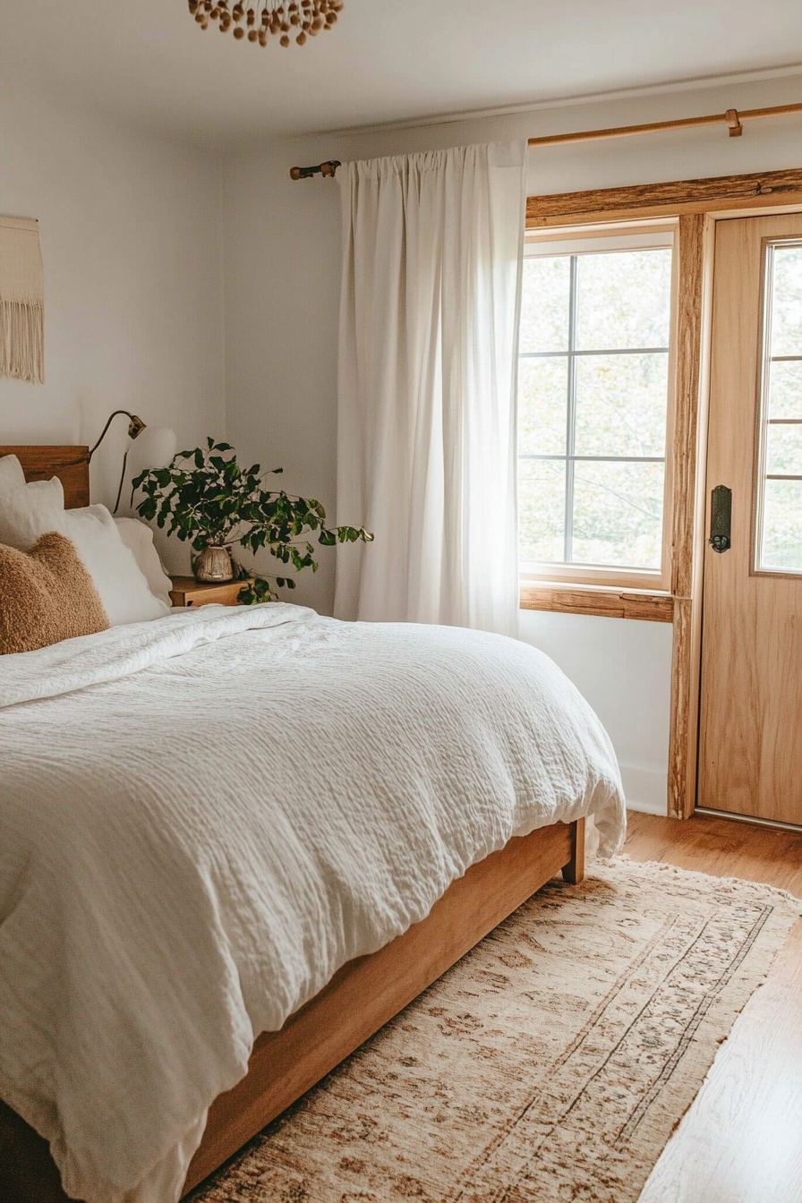 Floor-length linen curtains with wooden bead tiebacks in a boho farmhouse bedroom