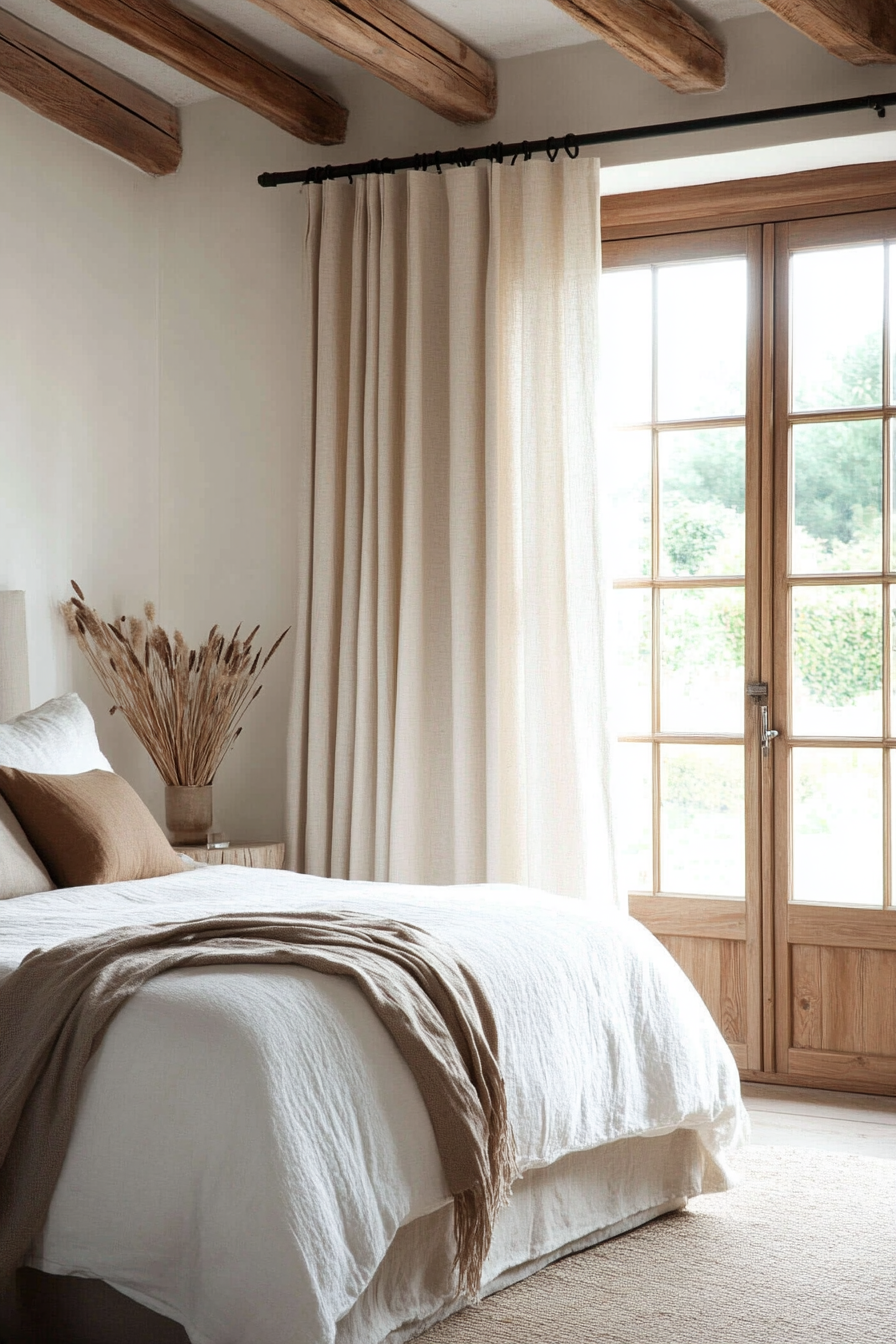 Close-up of linen curtain with wooden bead tieback