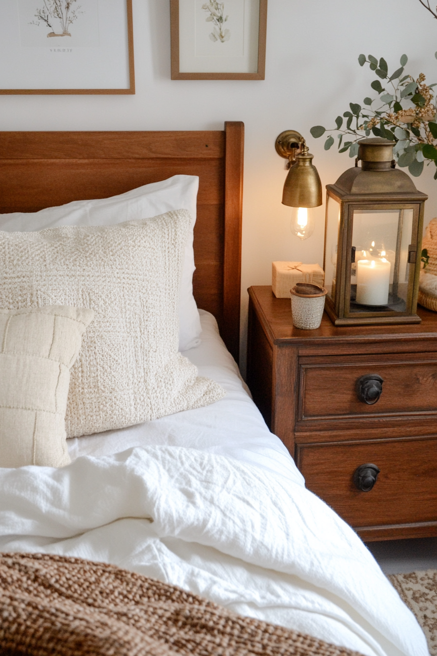 Close-up of antique brass lantern on a wooden nightstand