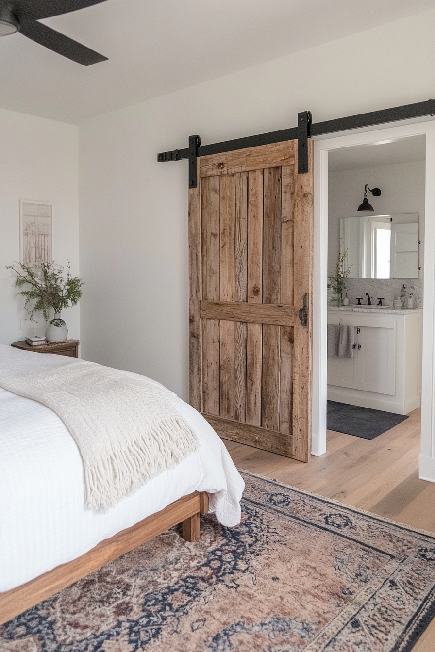 Reclaimed barn door used as a sliding door in a boho farmhouse bedroom