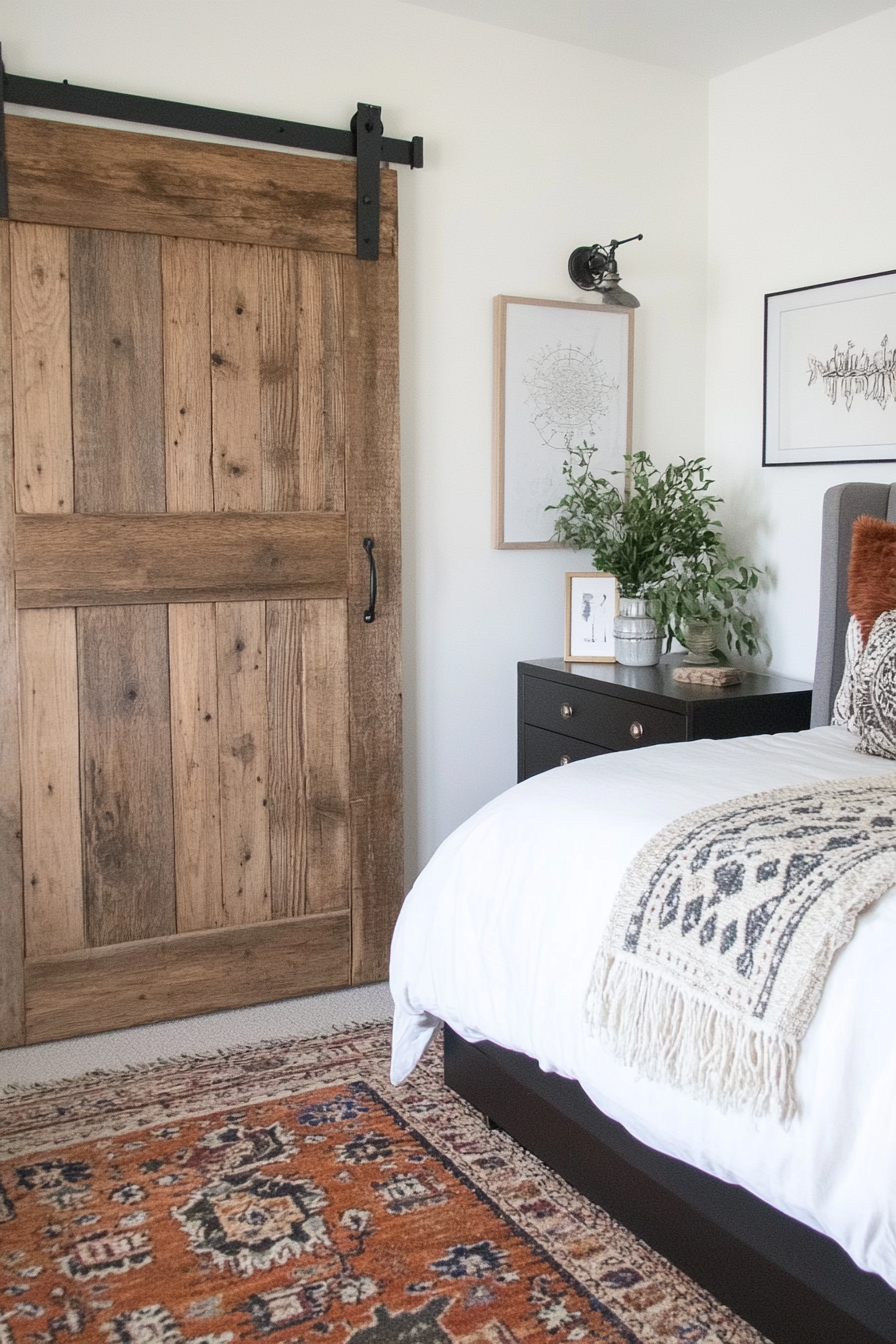 Close-up of rustic barn door with black hardware