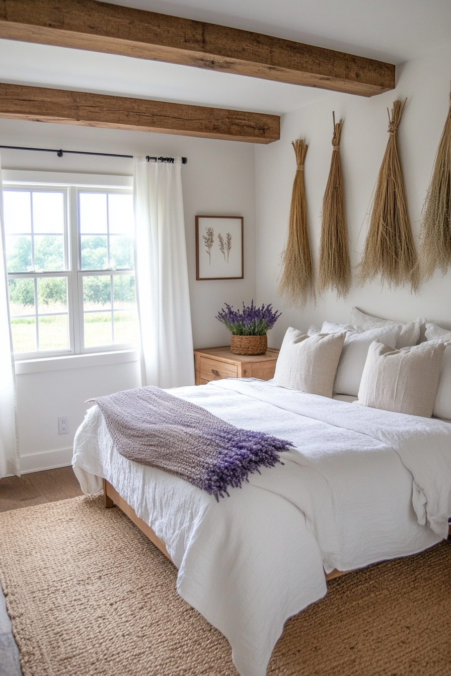 Hanging dried lavender and wheat bundles in a boho farmhouse bedroom