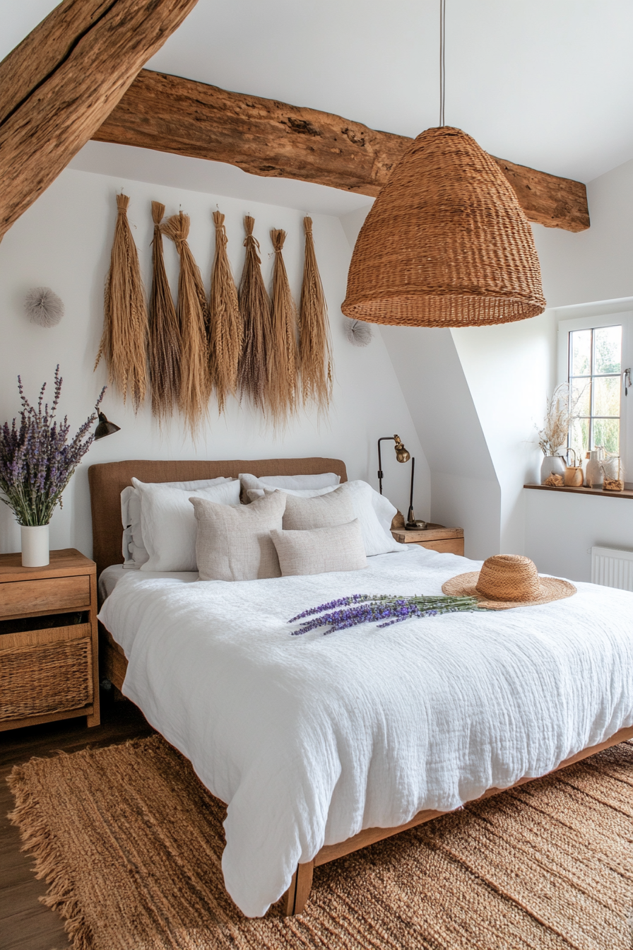 Close-up of lavender and wheat bundles hanging on a rustic beam