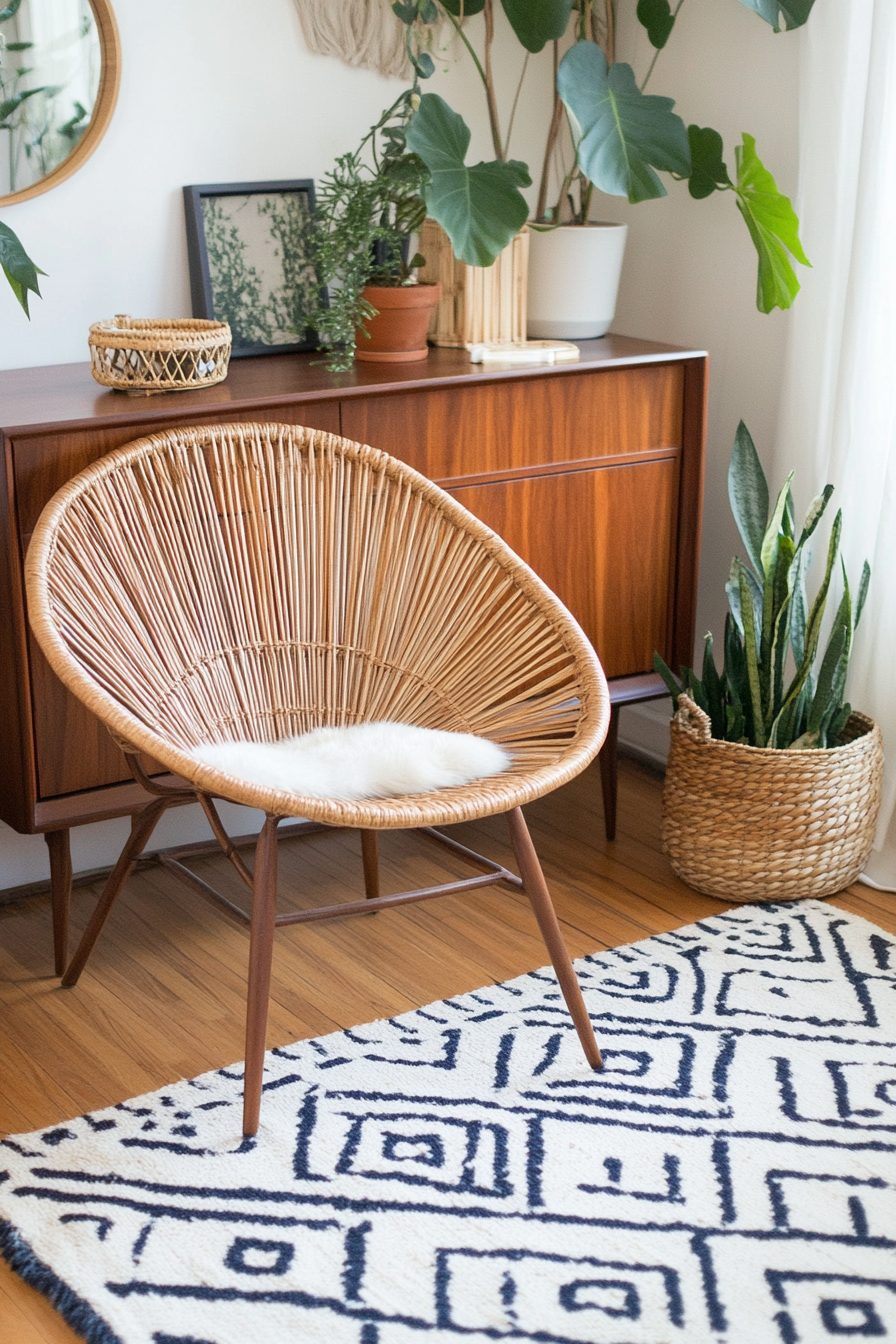 Rattan peacock chair paired with walnut sideboard