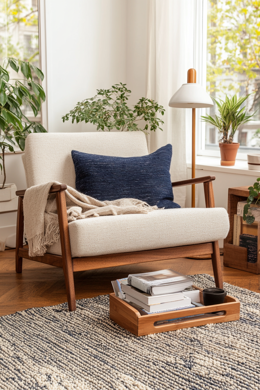 Bamboo magazine rack beside lounge chair