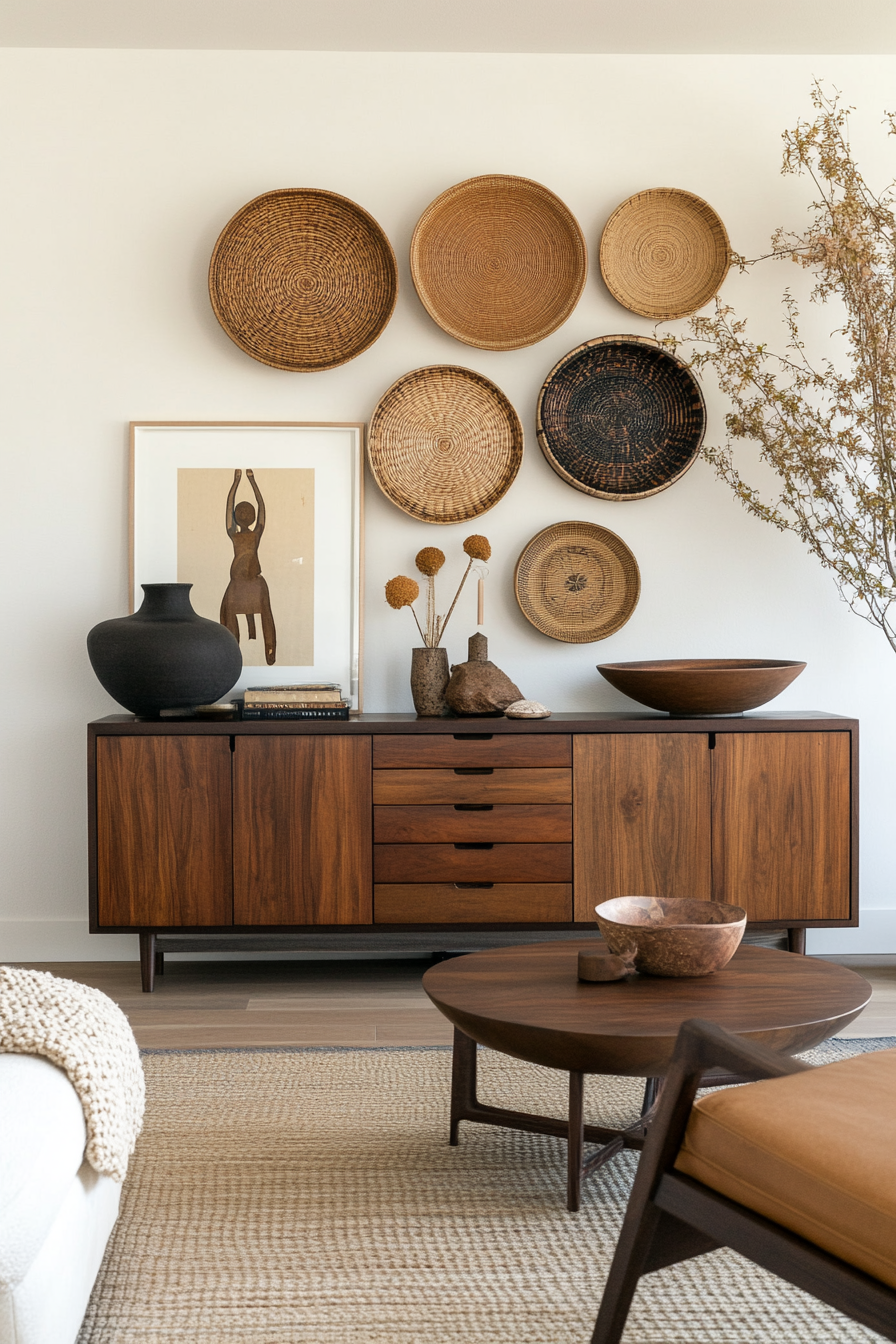 Woven wall baskets above modern credenza