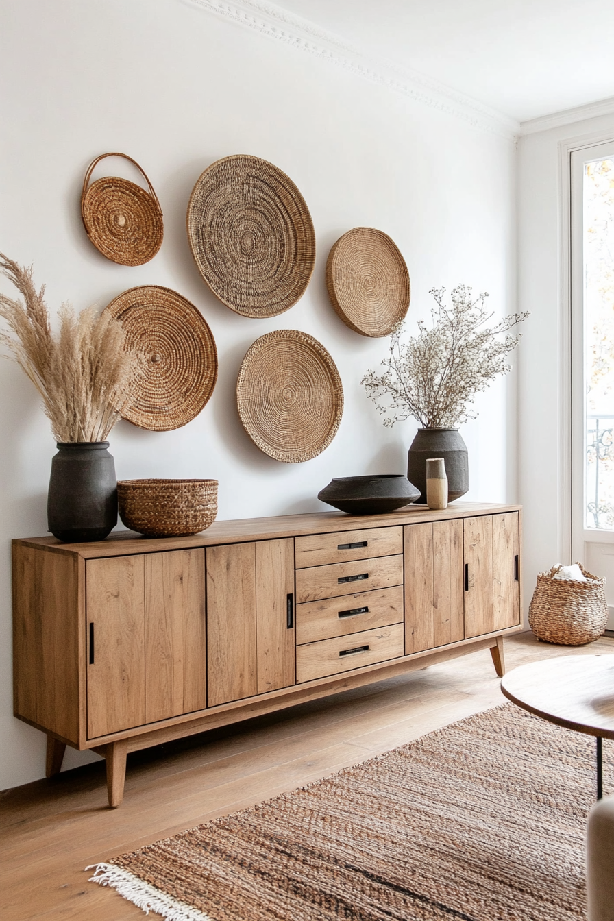 Thrifted woven baskets in gallery wall arrangement