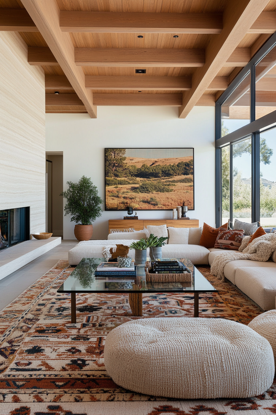 Floor cushions near a glass coffee table