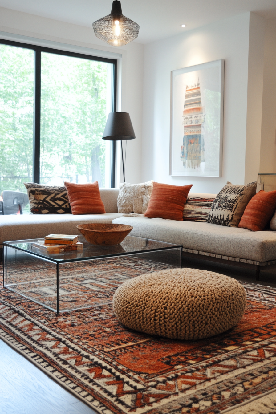 DIY colorful floor cushions with glass table