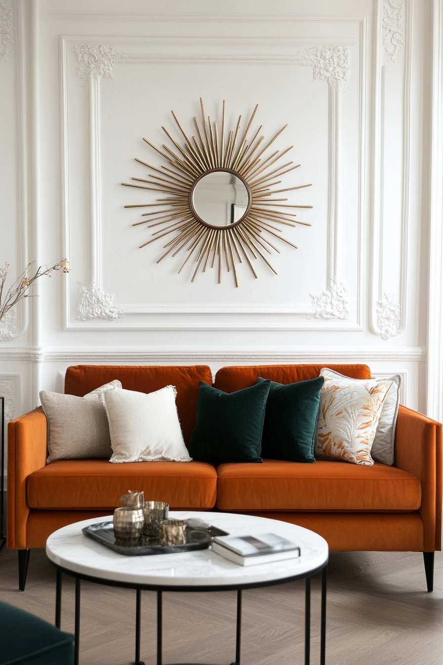Sunburst mirror above velvet sofa