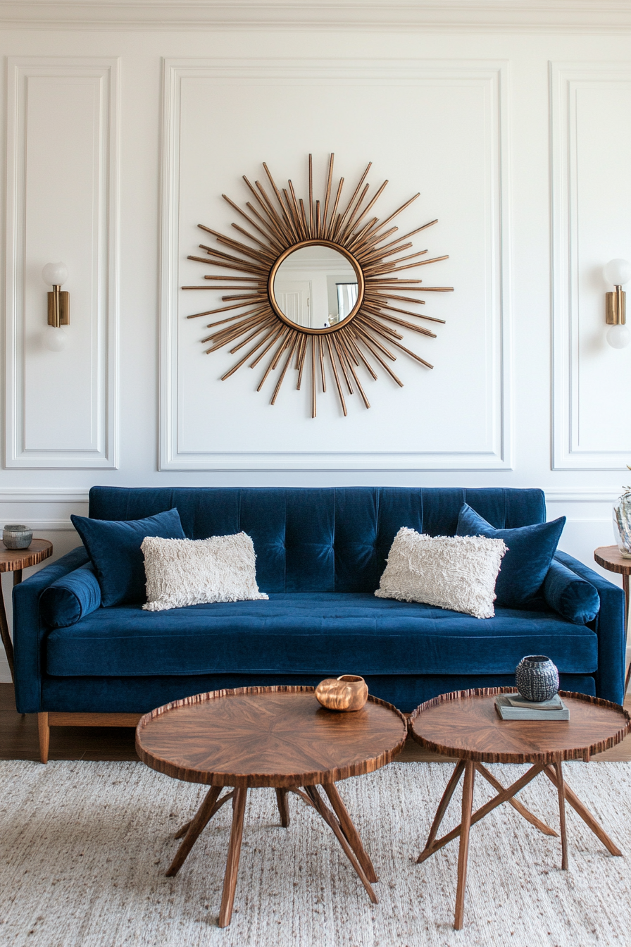 Thrifted sunburst mirror above velvet sofa