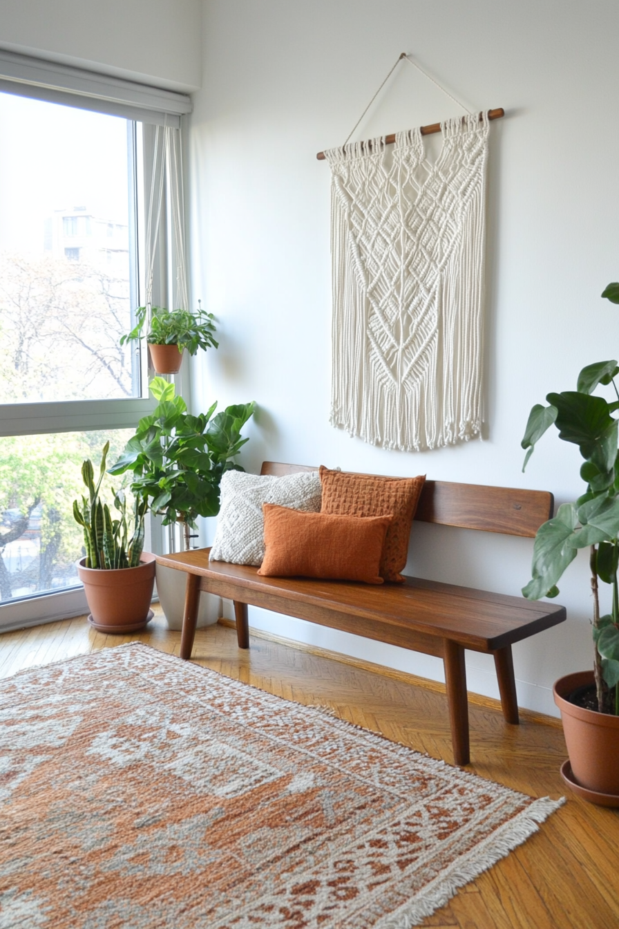 Macramé wall hanging above a teak bench