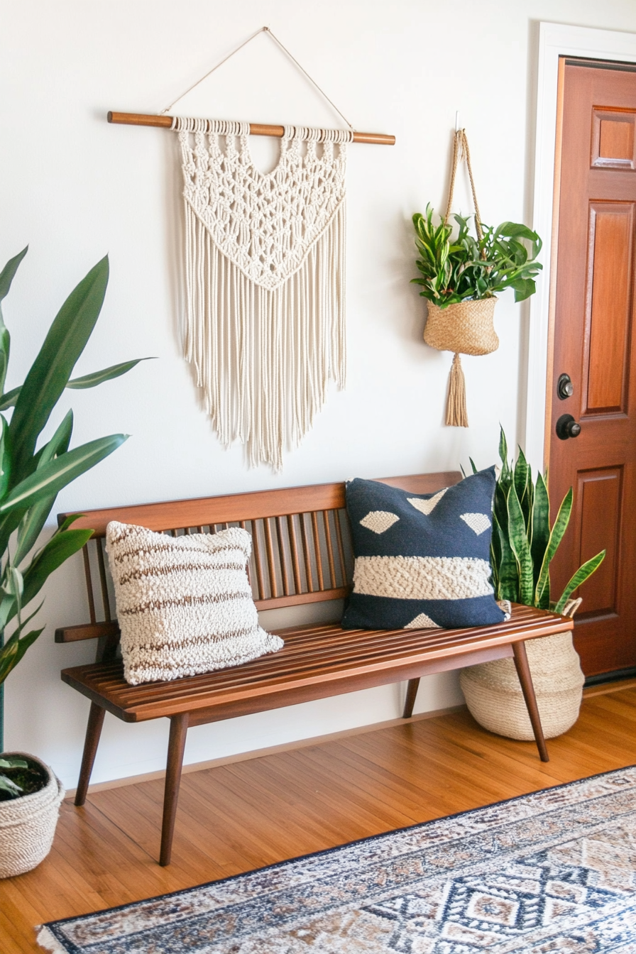 DIY macramé wall hanging above bench