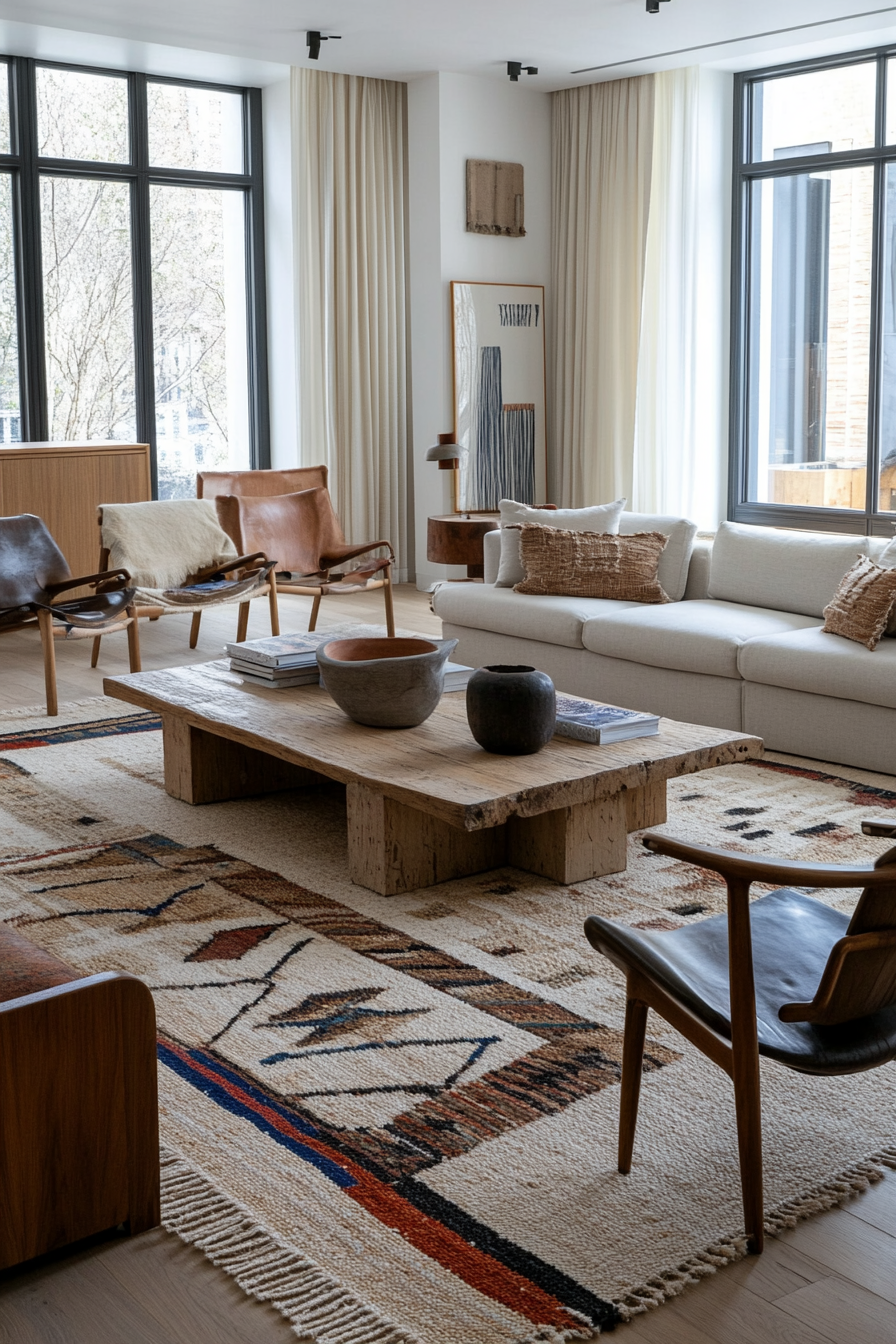 Layered geometric kilim and jute rug
