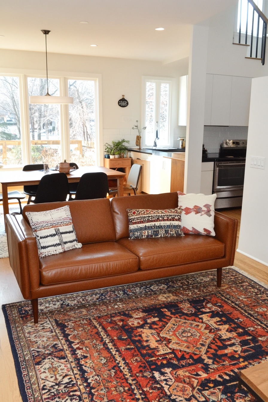 Faux leather sofa with thrifted pillows
