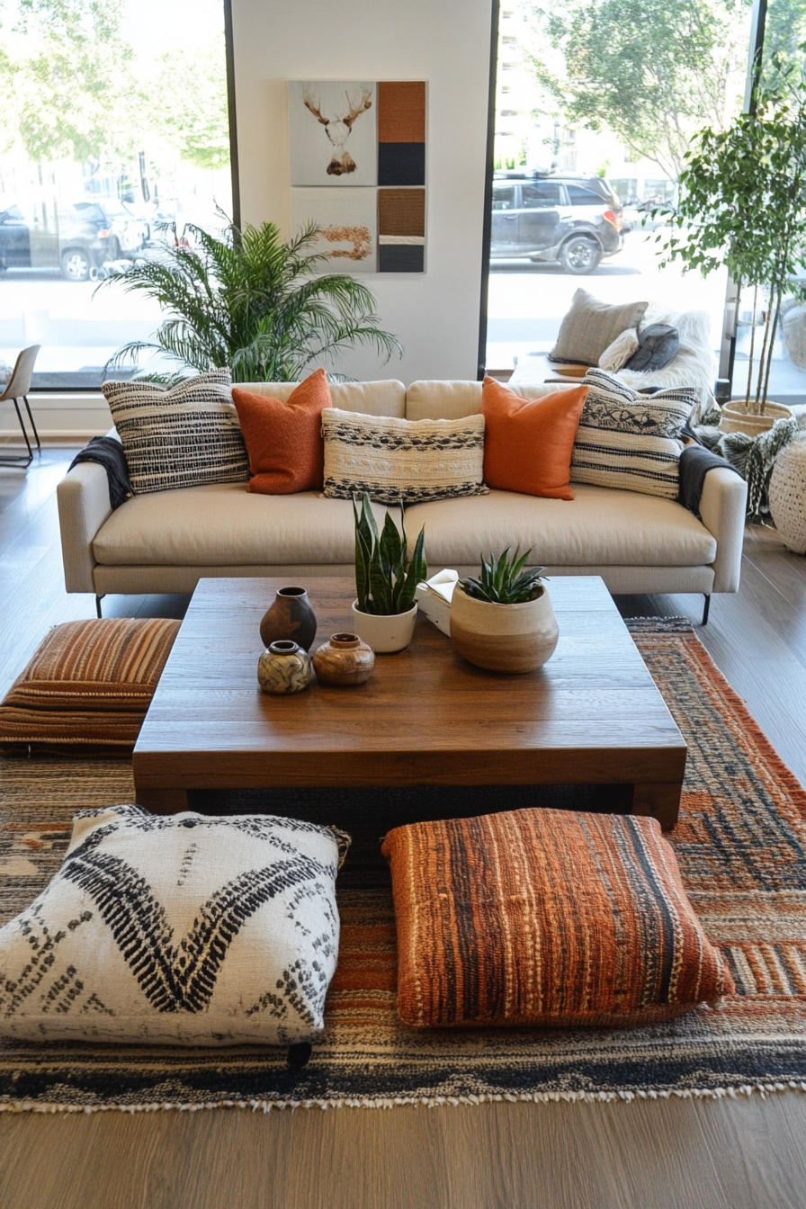 Mixed textile poufs around coffee table