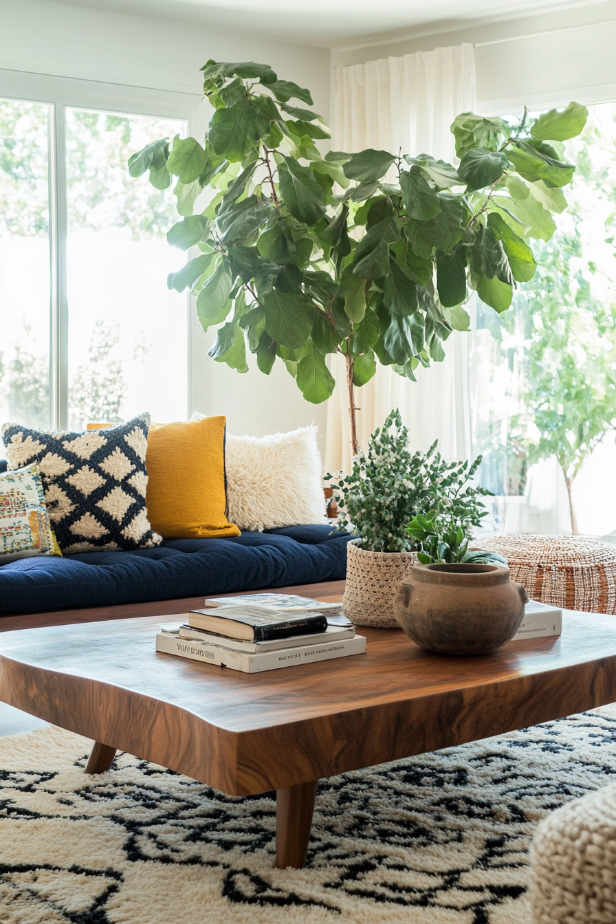 DIY patterned floor cushions around coffee table