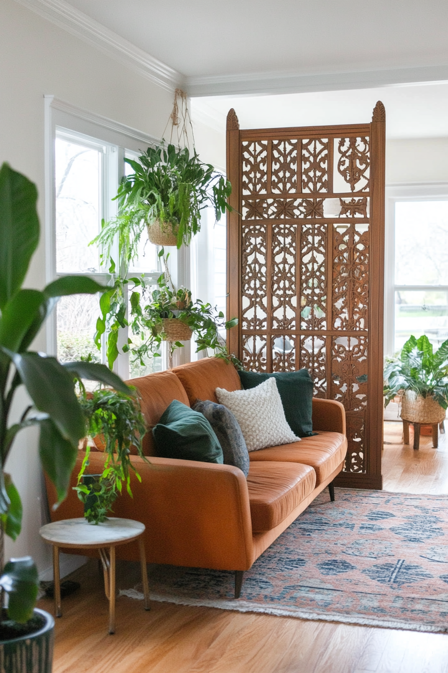 Carved wooden room divider screen