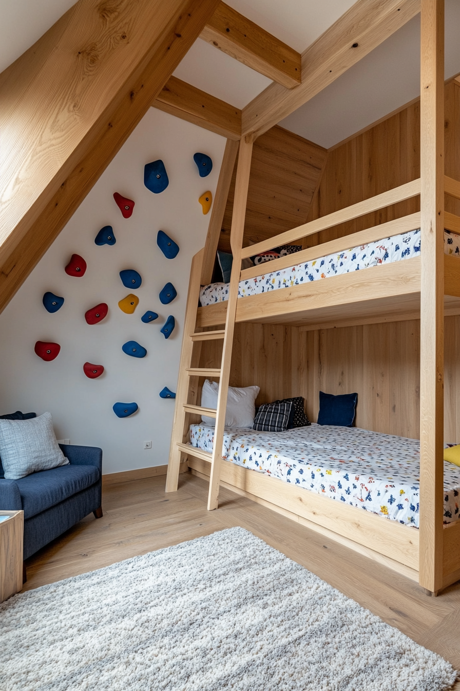 Loft beds featuring a fun climbing wall for active play