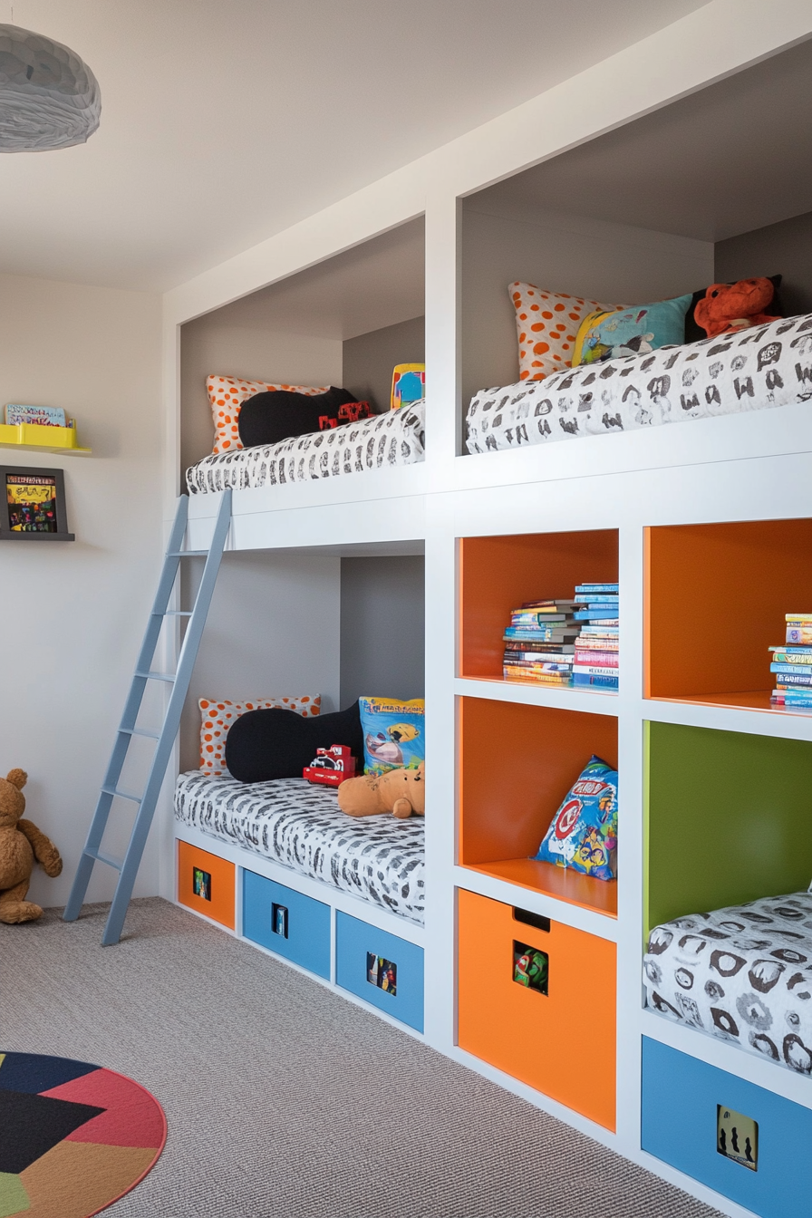 Bunk beds with color-coded storage cubbies for each sleeper