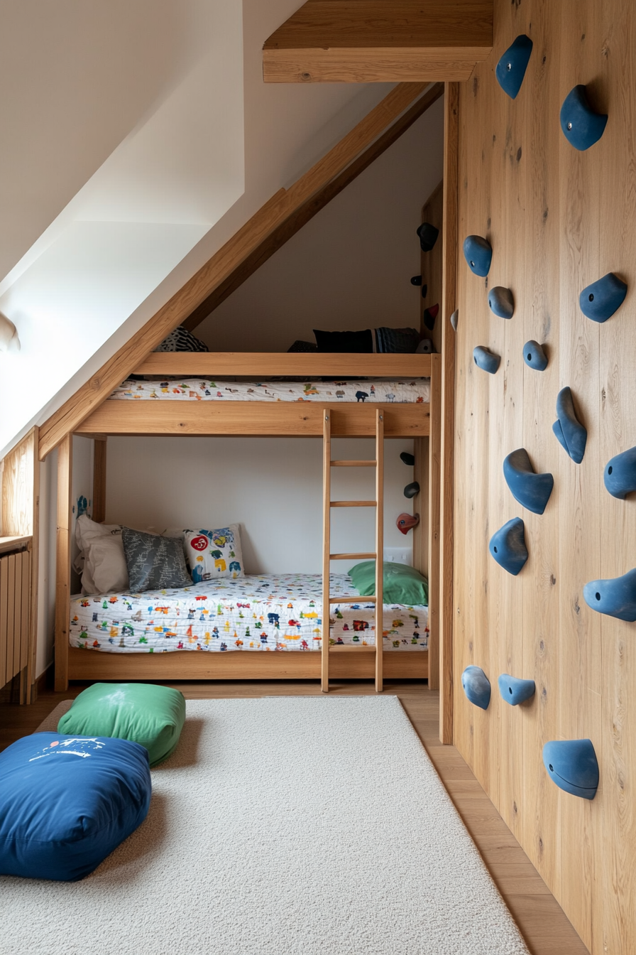 Bunk bed with rock climbing holds as a creative access option