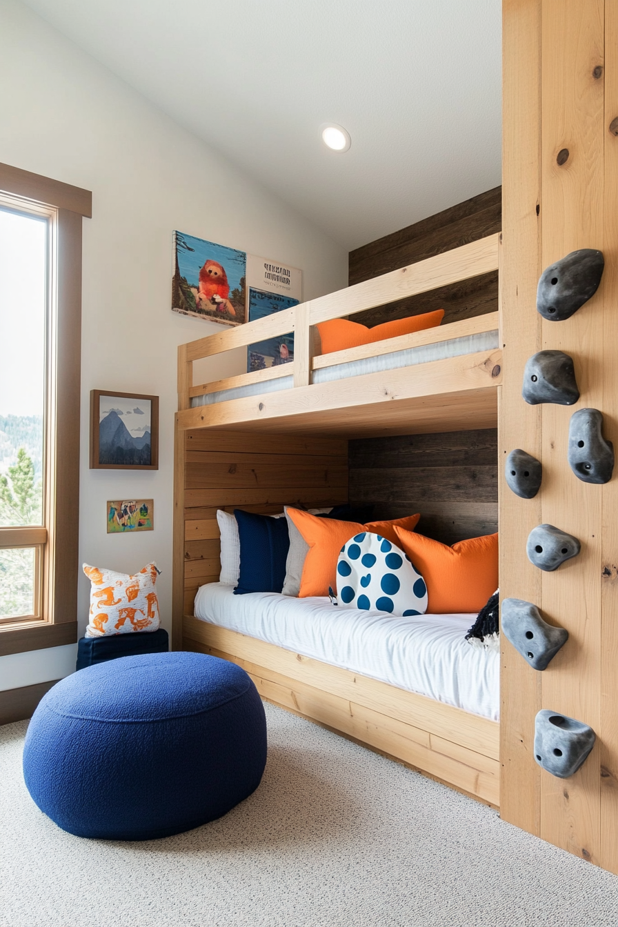 Close-up of colorful rock climbing holds used for bunk bed access