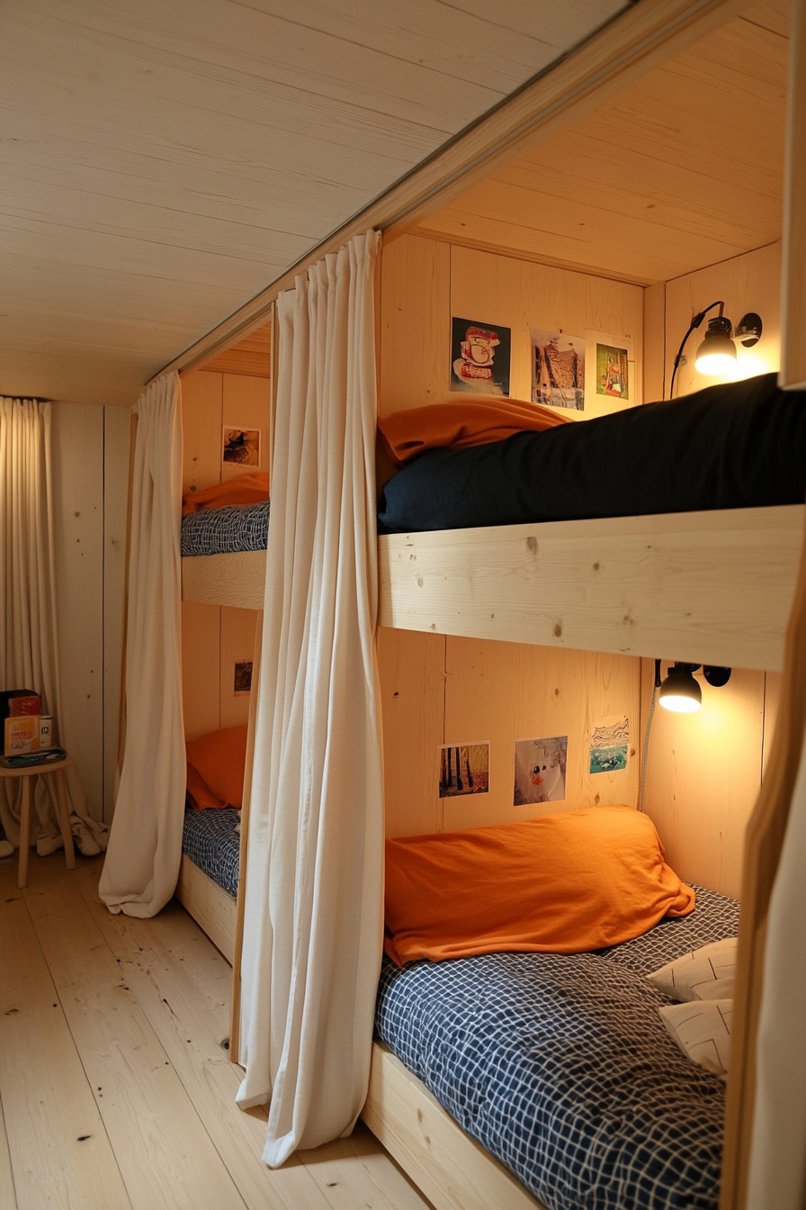 Bunk beds with curtains creating cozy privacy pods