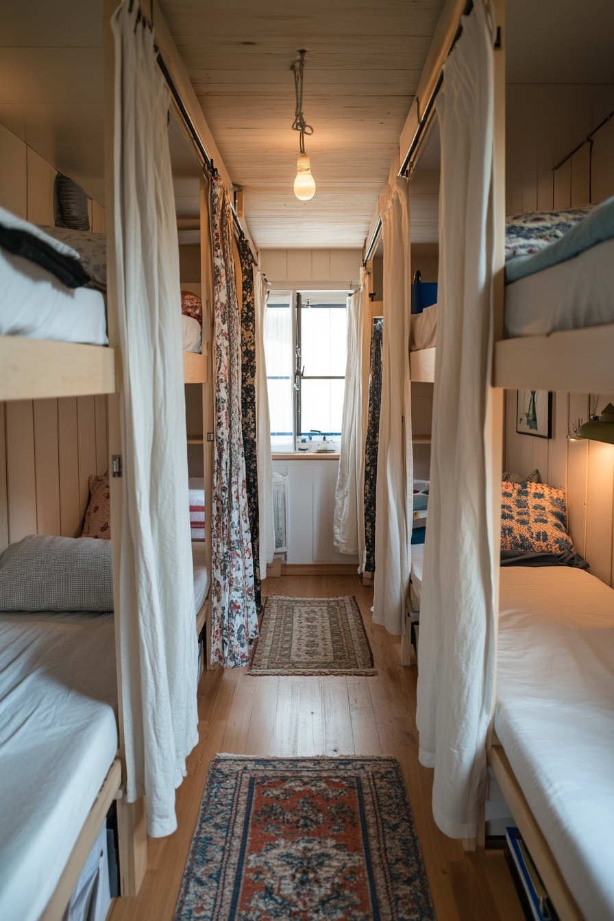 Close-up of a cozy bunk bed with privacy curtains drawn closed