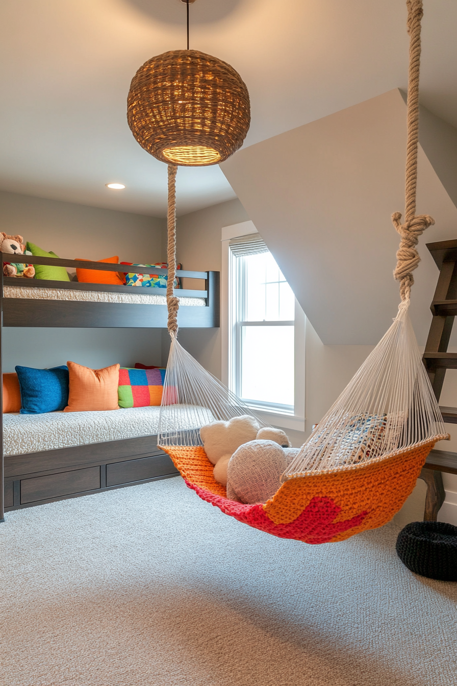Hammock strung between bunk beds for a playful lounging area