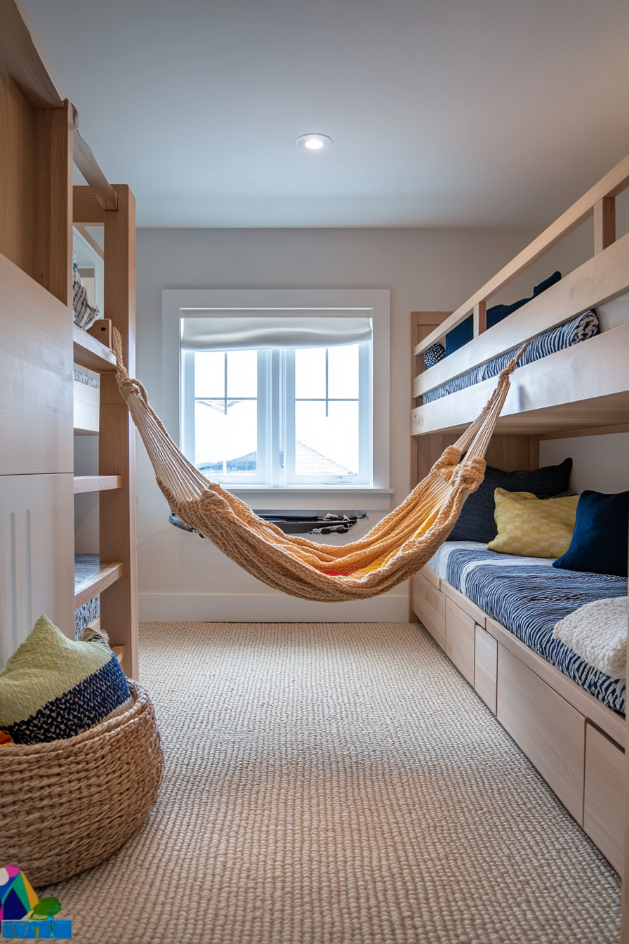 Close-up of a colorful hammock set up between bunk beds