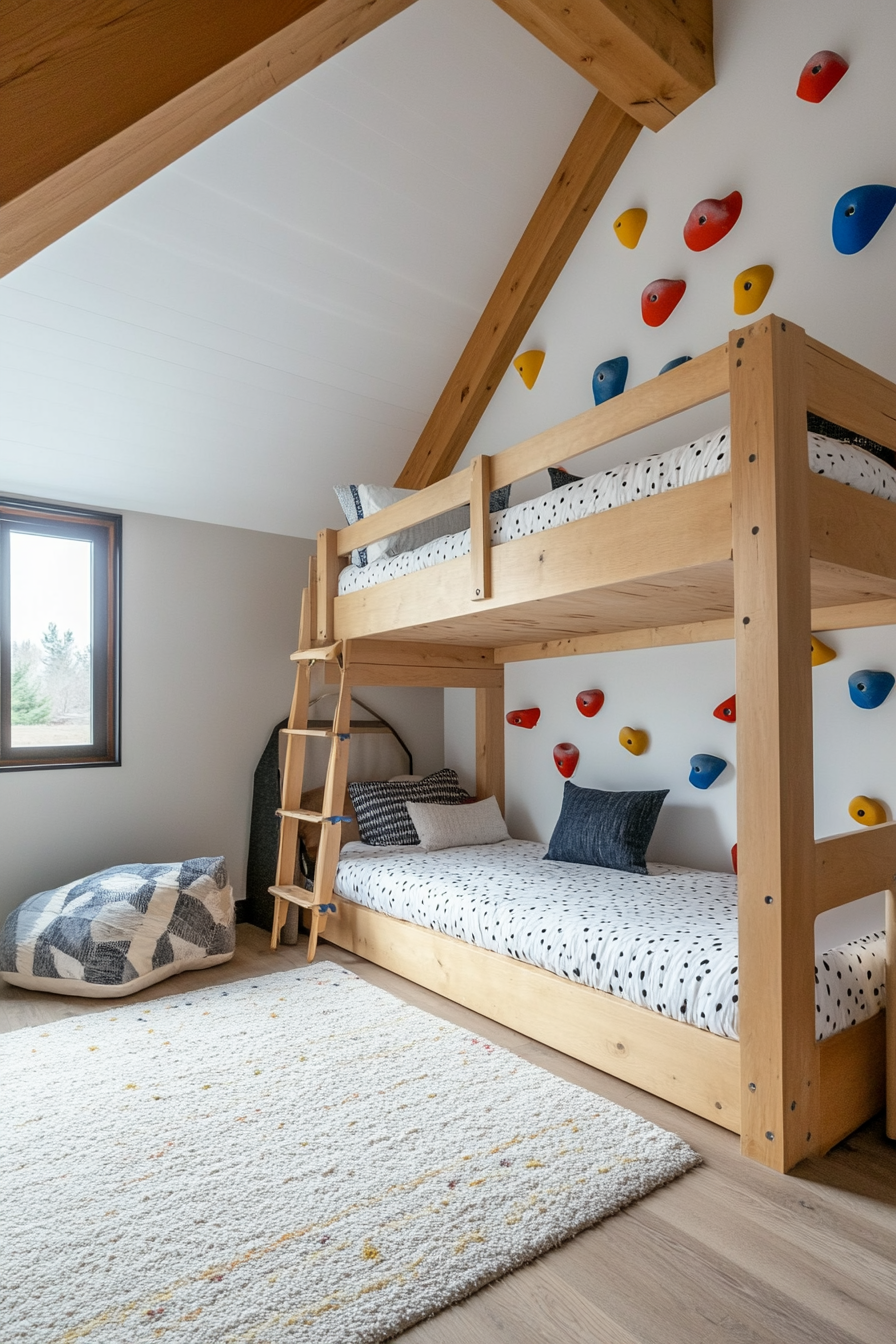 Close-up view of a climbing wall integrated into a bunk bed design