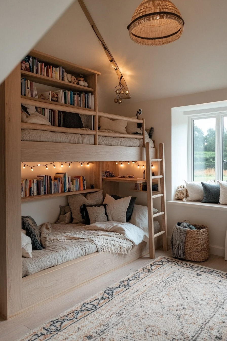Cozy reading nooks tucked under bunk beds with soft lighting and cushions
