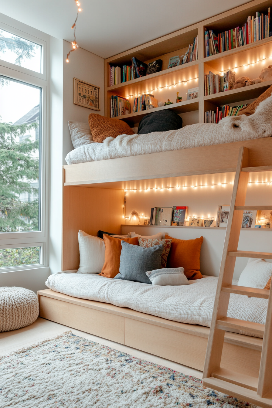 Close-up of a reading nook with built-in shelving under a bunk bed