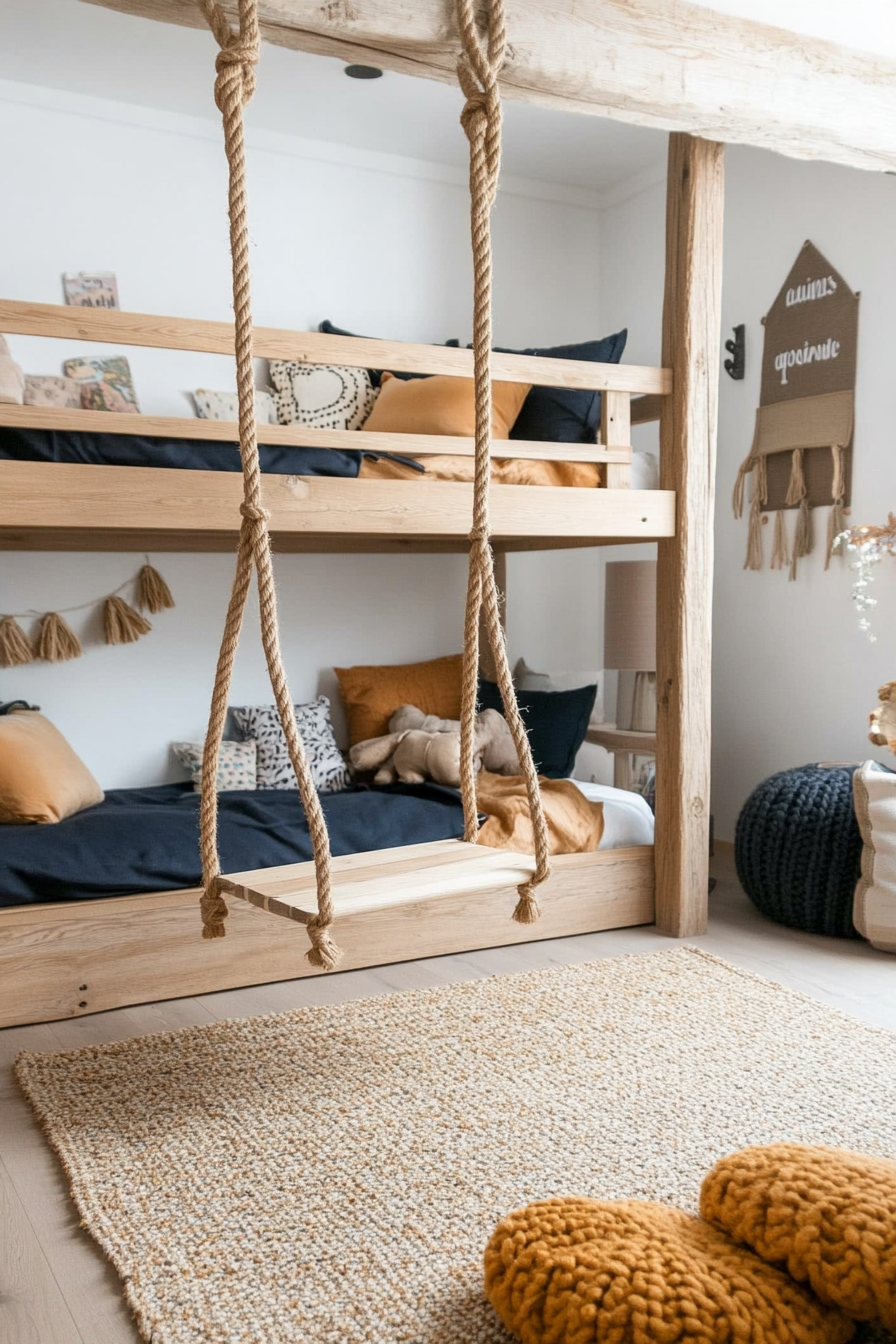 A rope swing hanging between two bunk bed platforms for added fun