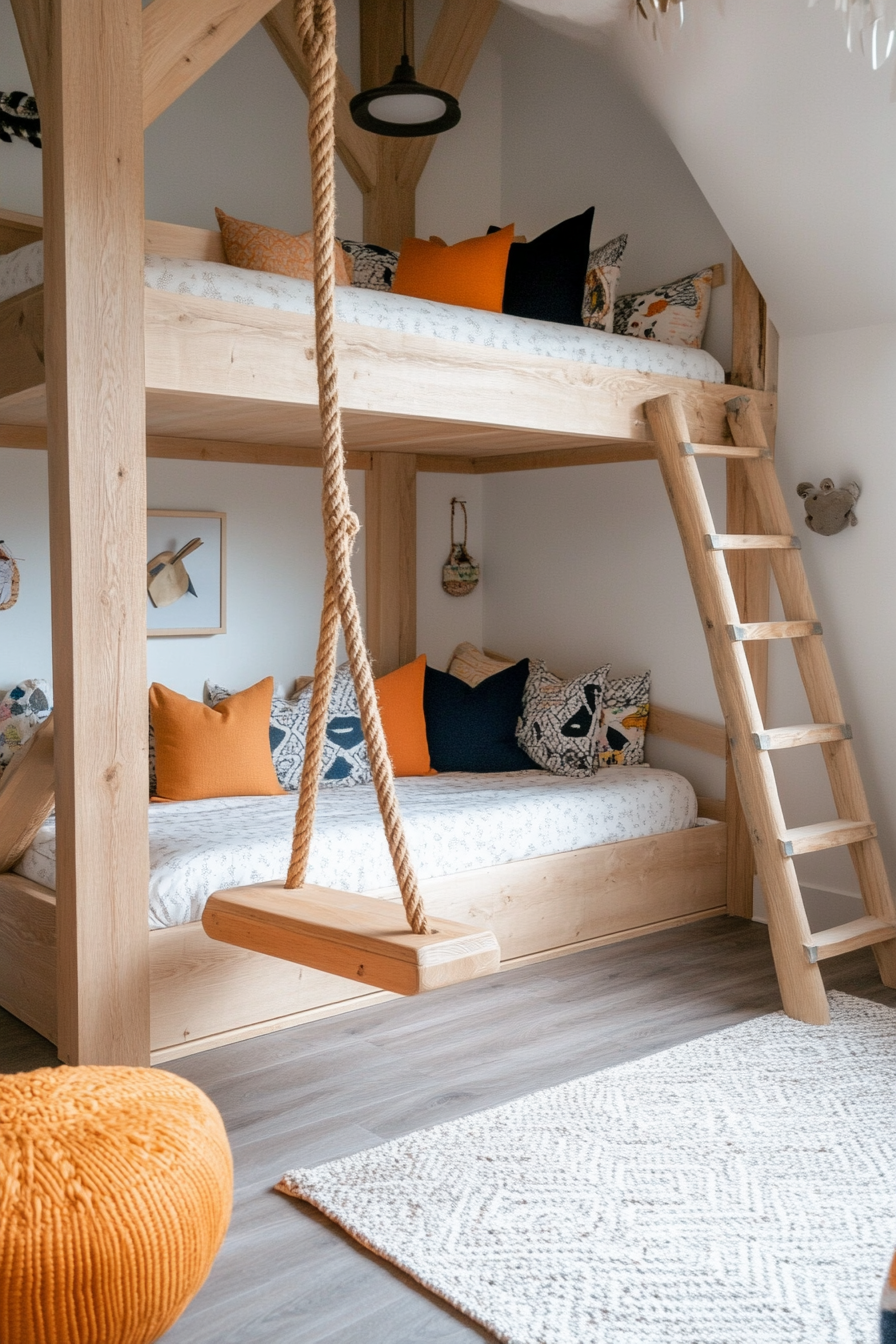 Close-up of a rope swing in a children's bunk room