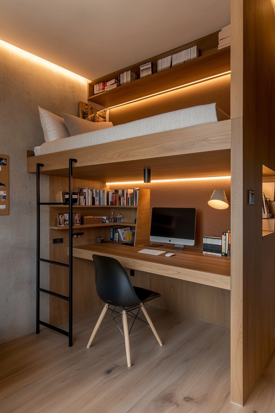 A sleek desk workspace built into the space beneath a bunk bed