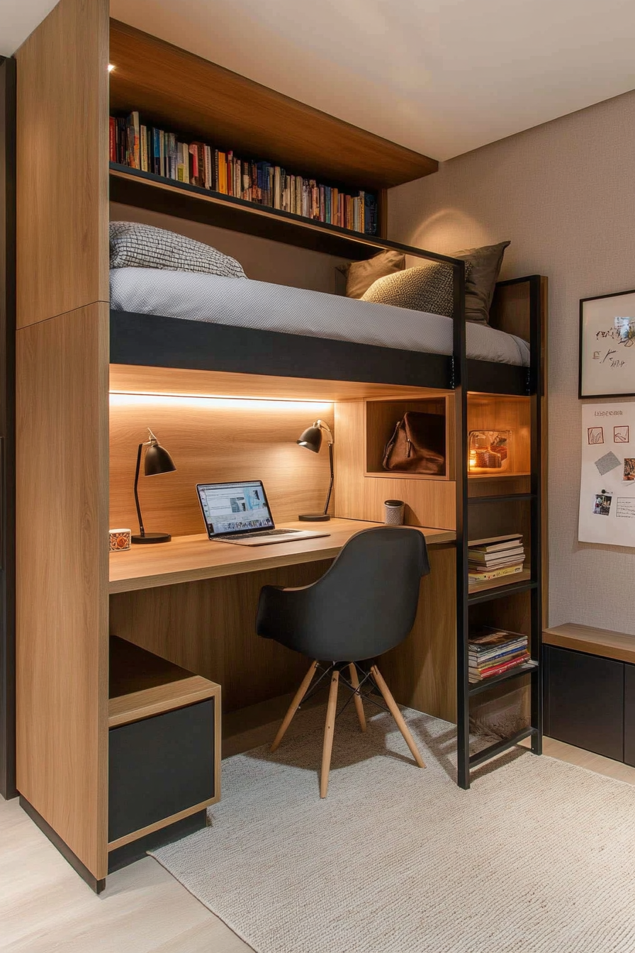 Close-up of a workspace with a desk under a bunk bed