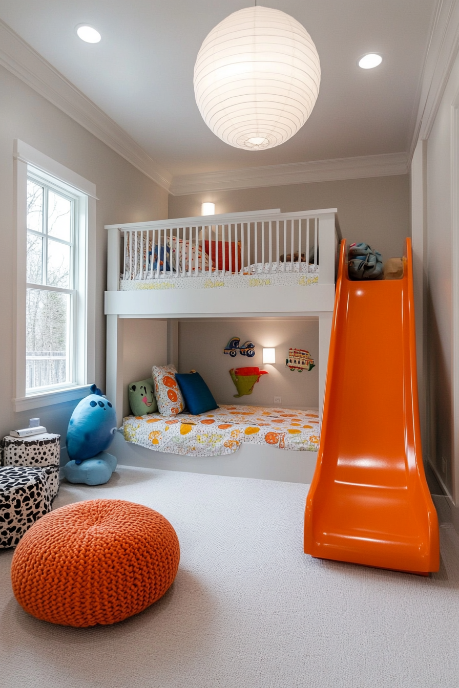 A playful slide attached to a bunk bed for a fun way to exit