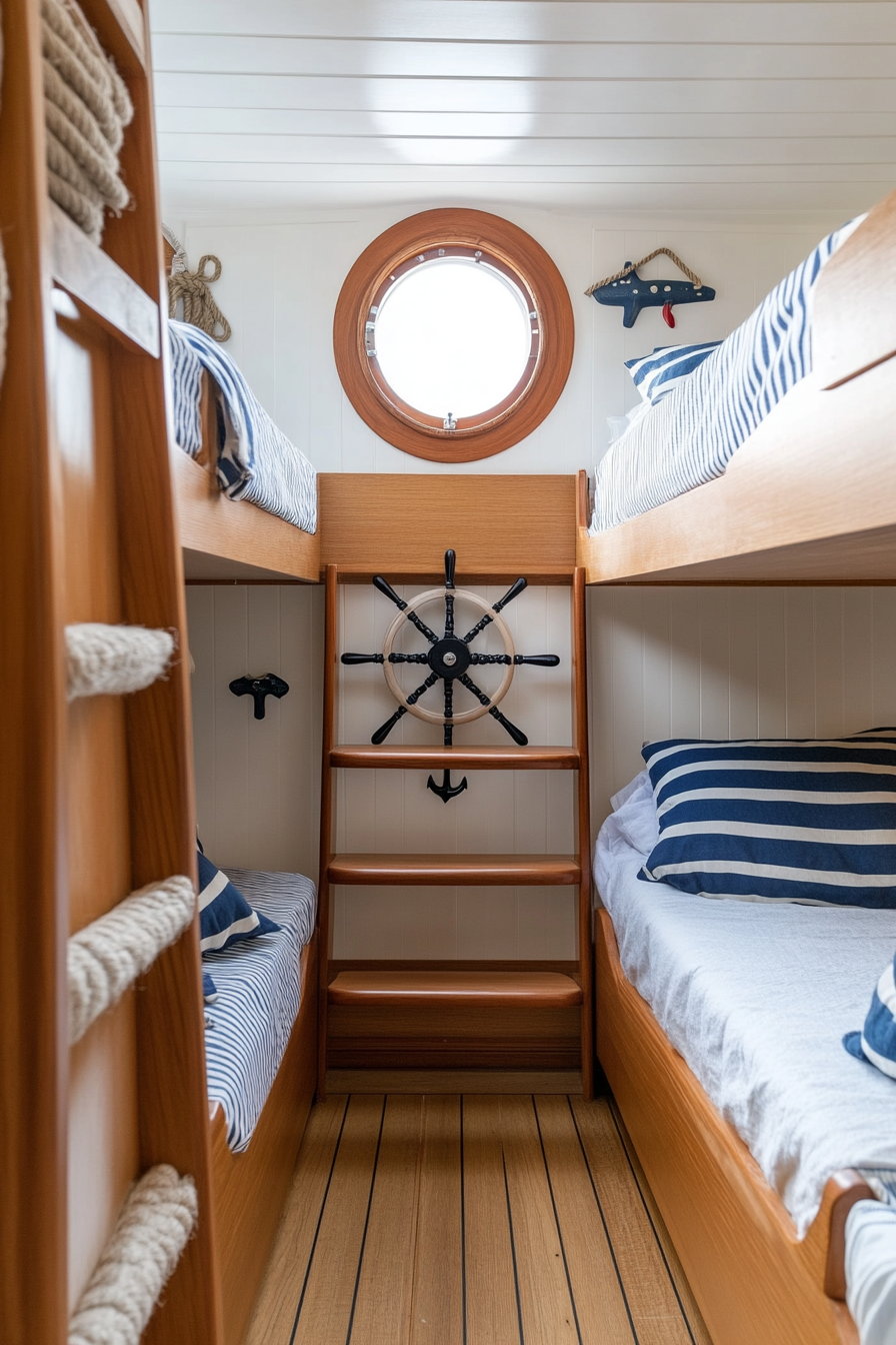 Ship-inspired bunk beds with porthole windows and nautical details