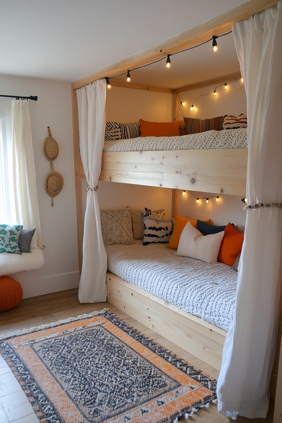 Hidden play fort tucked between two bunk beds with curtains for privacy