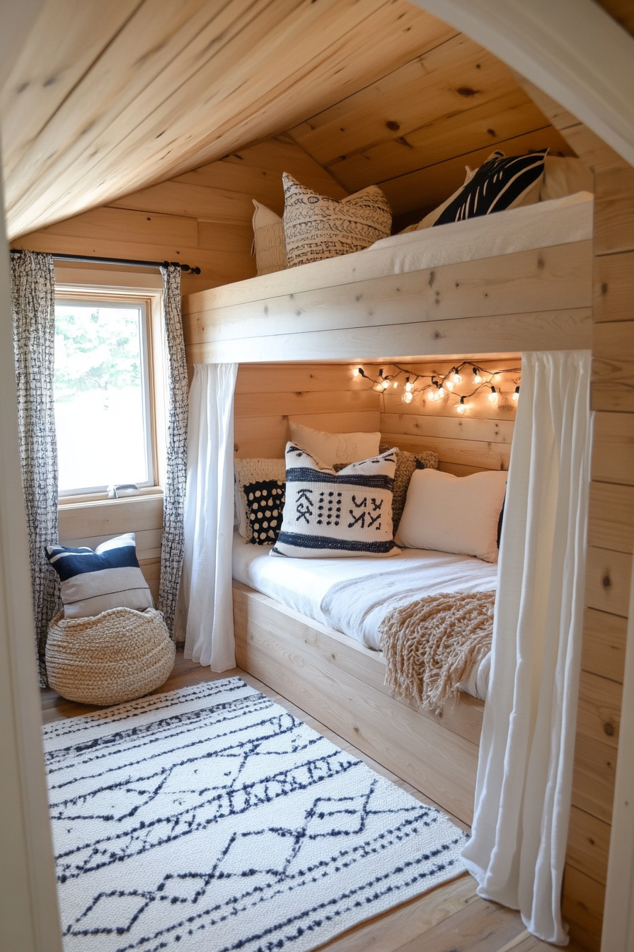 Close-up of a cozy hidden fort space in a bunk room