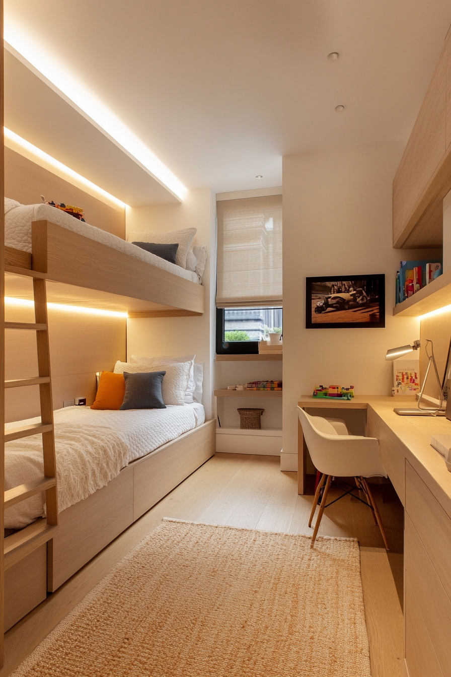Modern floating bunk beds with soft LED lighting underneath