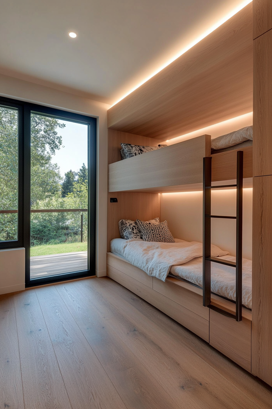 Close-up of LED lighting under floating bunk beds