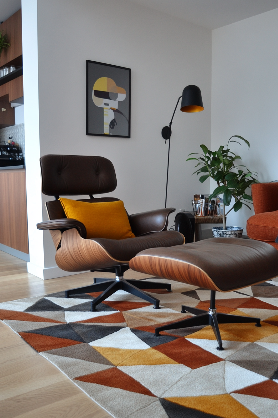 Eames chair with mustard pillow and retro vibe
