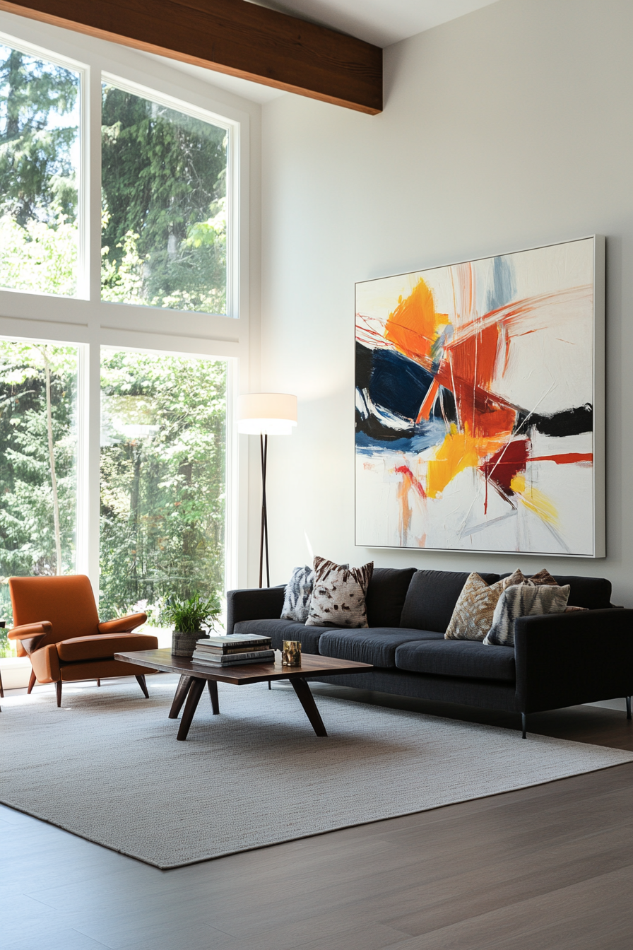 Abstract expressionist artwork in mid-century modern living room