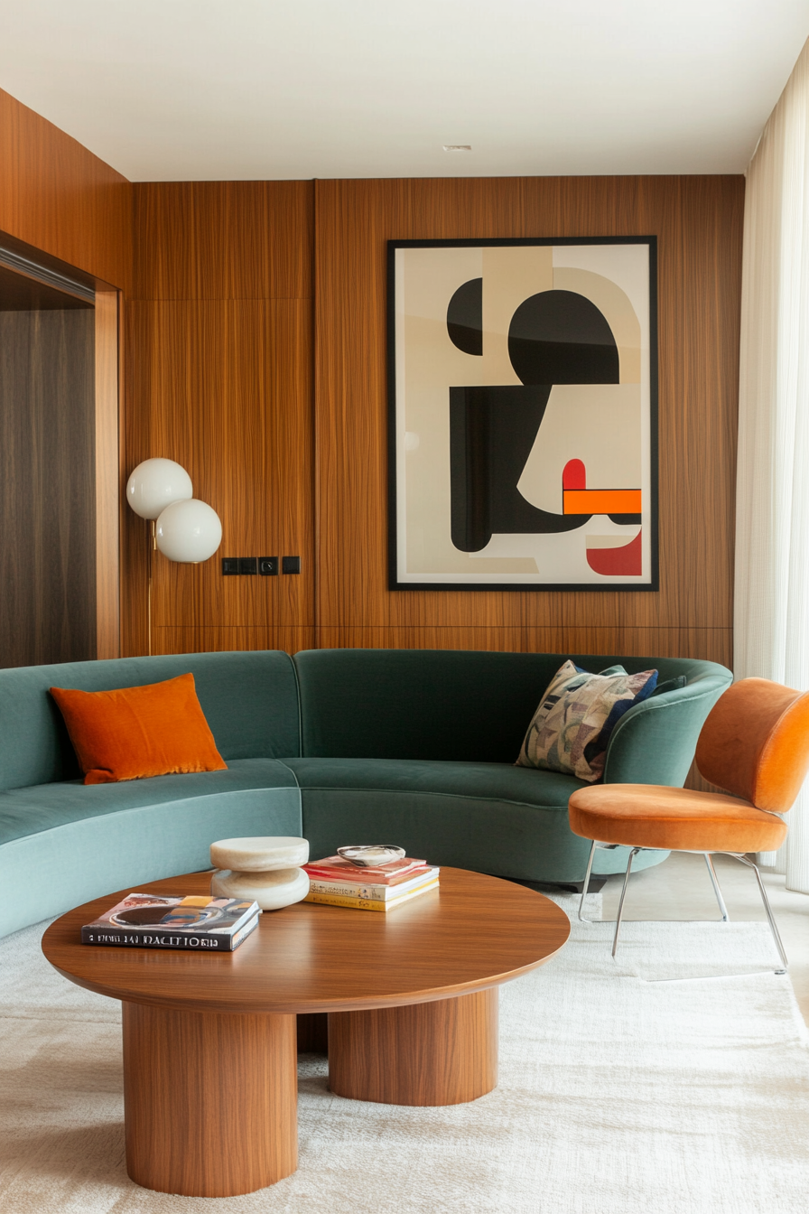 Retro living room with curved seafoam sectional