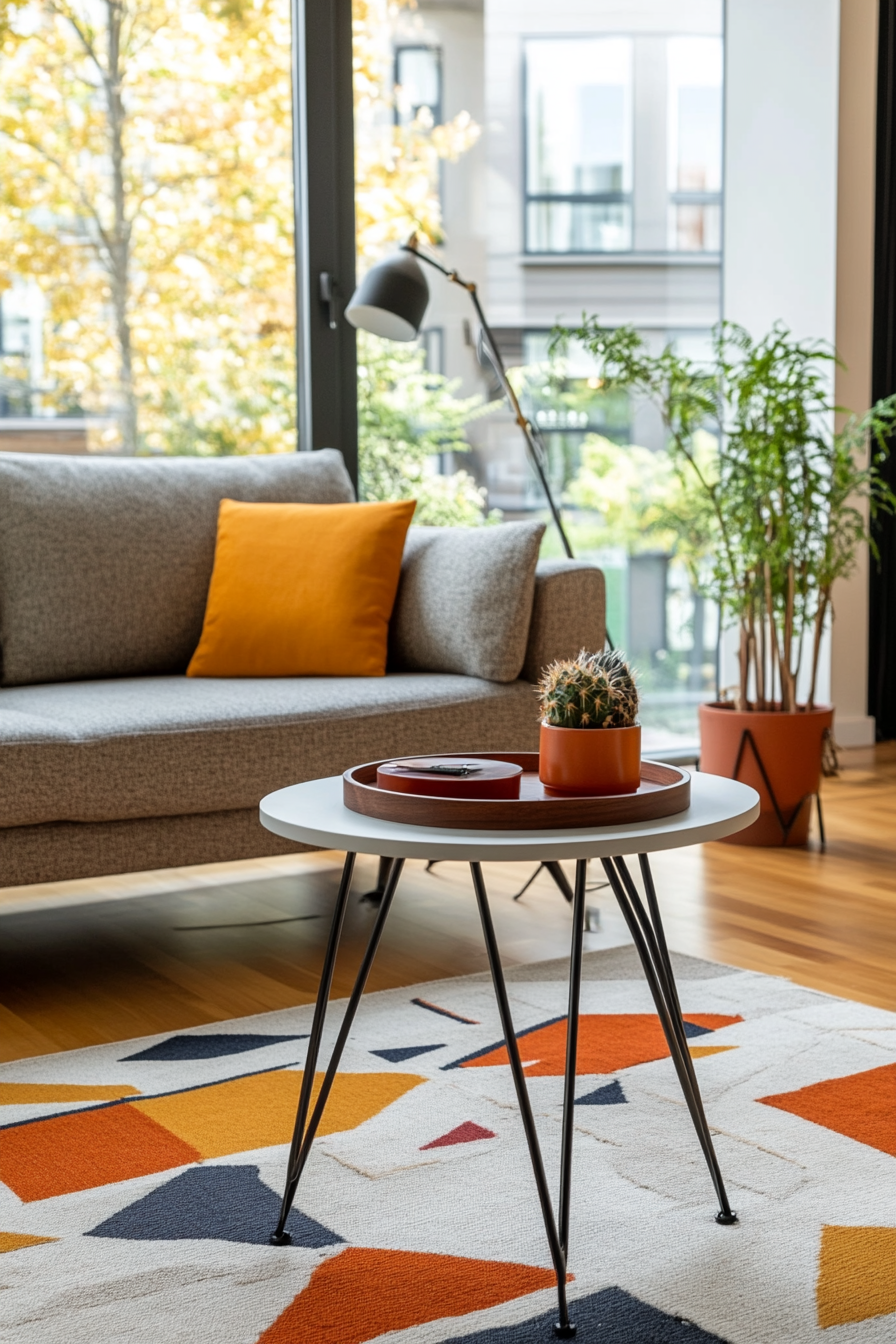 Hairpin leg side table with colorful tray in mid-century living room