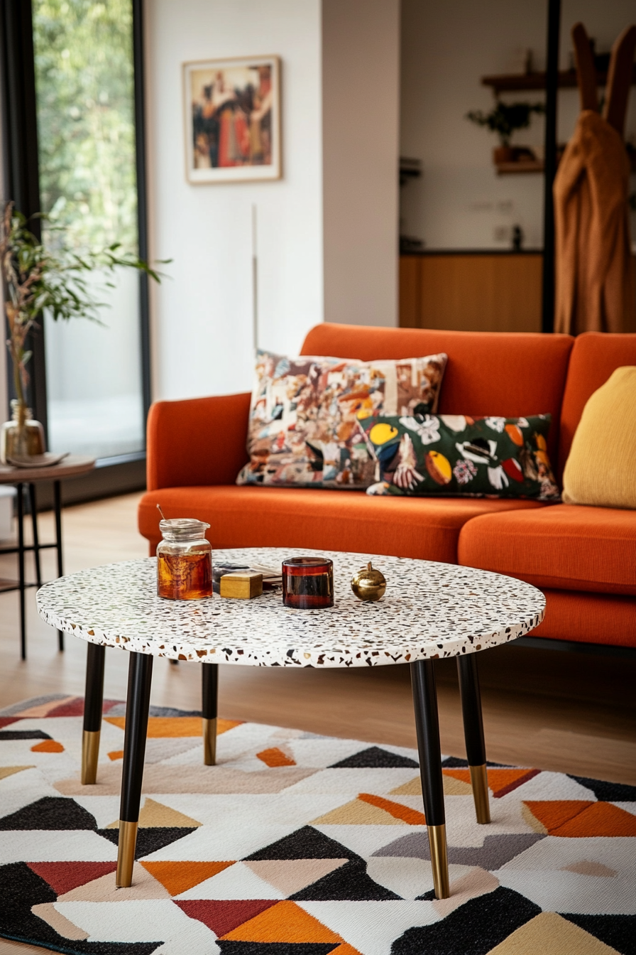 Terrazzo coffee table with brass accents in mid-century modern living room